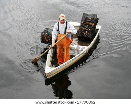 fisherman in rowboat with live lobsters in traps