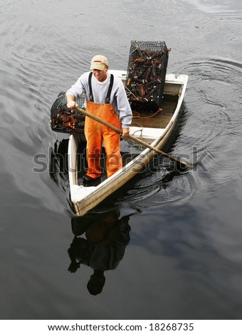 fisherman in rowboat with live lobsters in traps