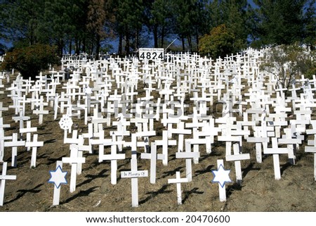 hillside filled with crosses and stars of david in memoriam to solders died in Iraq