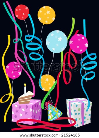colorful celebration illustration with balloons, streamers, presents, cake