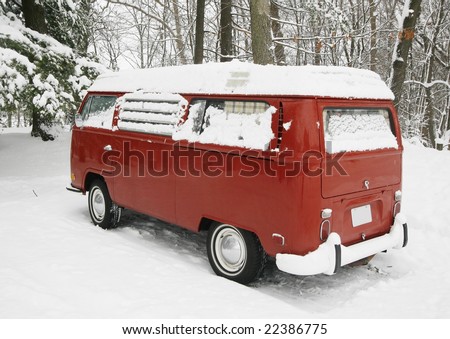 stock photo vintage red volkswagen bus in snow