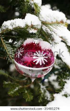 holiday ornament on snow covered tree