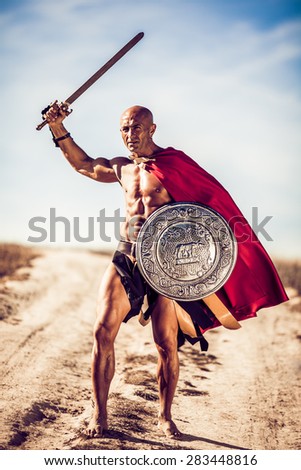 Gladiator, image of a well-built man holding a sword and a shield