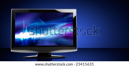LCD television set on reflective table