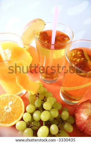 Glass of apple juice, orange juice and grape juice