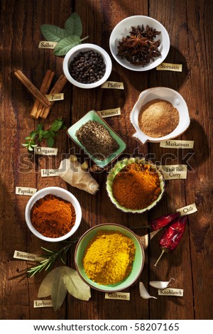 Nice Composition Of Different Spices With German Labels Stock Photo 