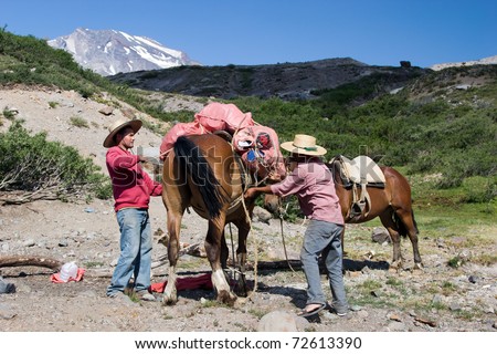 VILCHES, CHILE - DEC 15: Two Chilean huasos load their horses at the camp Las Thermas in Vilches, Chile on Dec. 15, 2008. This camp is a highlight of the backcountry trail Circuito de los Condores.