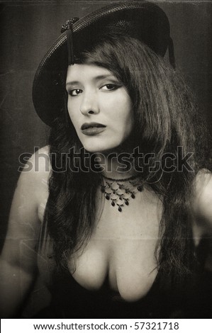 stock photo sexy busty woman wearing vintage hat with tassles and low cut