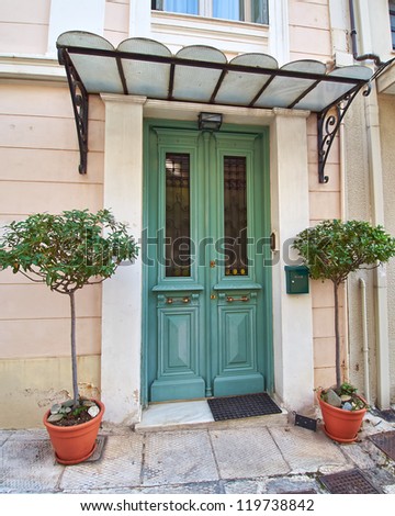 colorful house door and flowerpots, Athens Greece