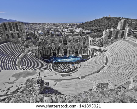 Ancient Greek Theatre Under Acropolis Of Athens, Greece, In B/W And ...