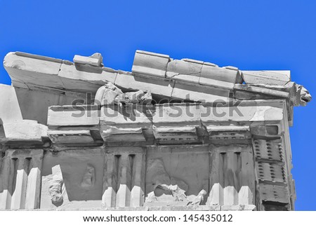 Parthenon, ancient greek temple detail, horse and lion heads