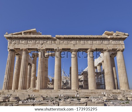 Parthenon ancient temple east facade, acropolis of Athens, Greece