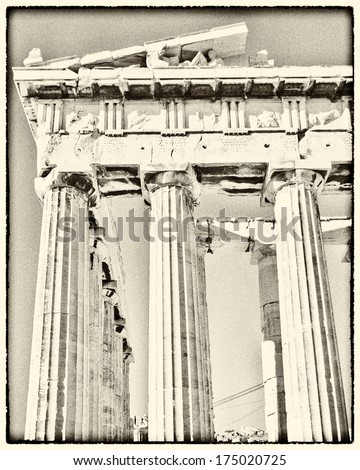 grunge photo of Parthenon temple with old film looking filter, Athens Greece