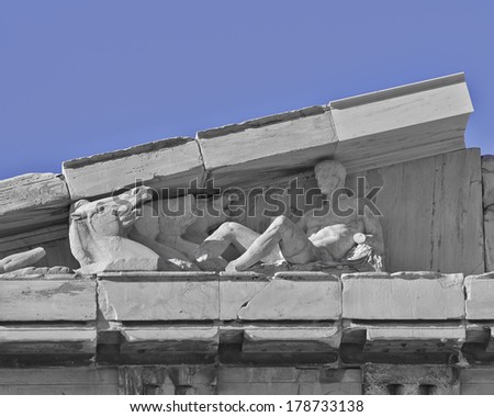 Parthenon west pediment detail, horse heads and Dionysus (probably) lying, Athens Greece