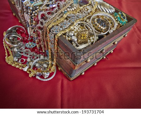 vintage box full of shiny jewelry, strong vignetting filter