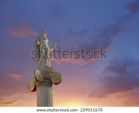 Apollo statue, the god of poetry and music under a fiery sky