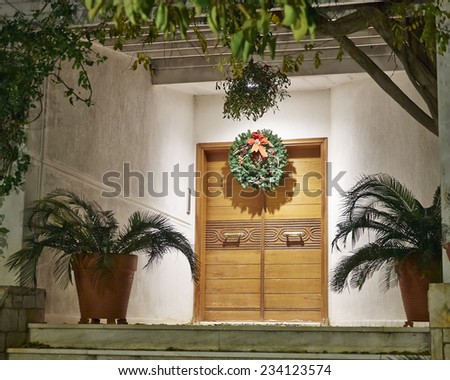 Christmas decorated house entrance night view, Athens  Greece