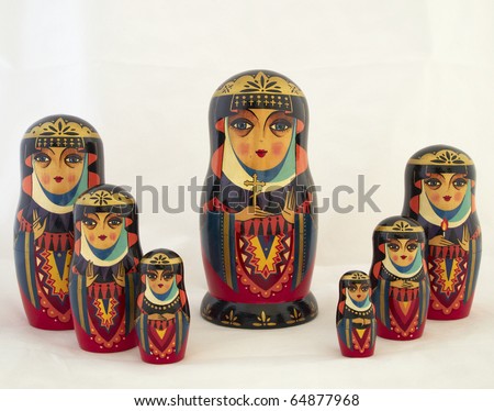 seven elegant Russian nesting dolls, babushkas