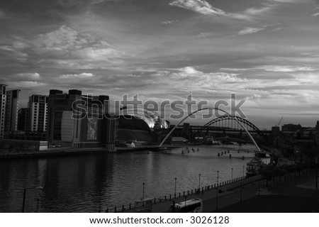 black and white of the newcastle gateshead quayside with all the main tourist monuments in one shot