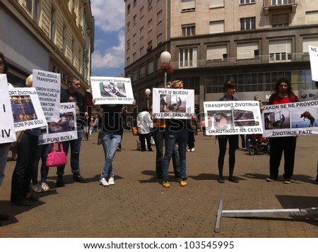 ZAGREB - MAY 26. Animal welfare protesters on Bana Jelacic square on Saturday 26th, 2012 in Zagreb, Croatia. Animal welfare demonstrators show their support with banners and megaphones.