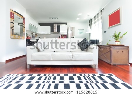 Modern living room with sofa and checkered carpet