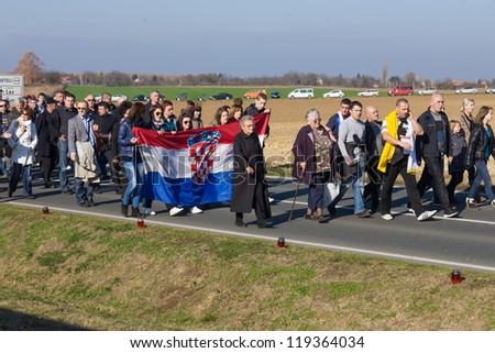 VUKOVAR, CROATIA - NOVEMBER 18: Rally in support of Croatian army generals freed at the Hague on November 18, 2012 in Vukovar, Croatia. 2000 casualties were reported in the 1992 Vukovar battle.