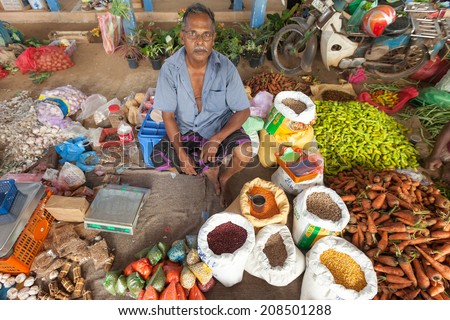 HIKKADUWA, SRI LANKA - FEBRUARY 23, 2014: Portrait of elderly man selling produce. The Sunday market is great way to see Hikkaduwa\'s local life come alive along with fresh produce and local delicacy
