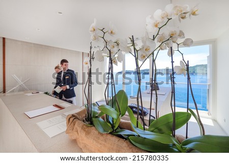 DUBROVNIK, CROATIA - MAY 28, 2014: Hotel Villa Dubrovnik\'s reception desk. Popular, luxurious modern hotel with private beach on great location.