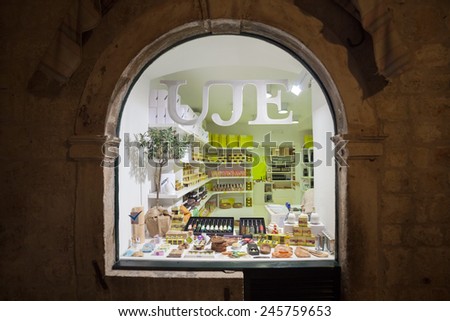 DUBROVNIK, CROATIA - MAY 26, 2014: Street window of shop called Uje (Dalmatian word for oil) selling traditional and hand made things.