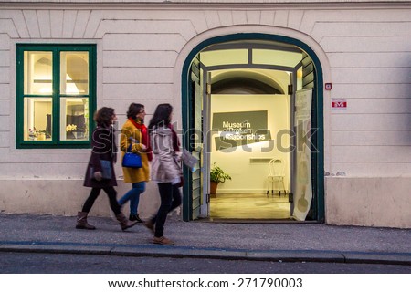 ZAGREB, CROATIA - 12 MARCH 2015: A view of the entrance to the Museum of Broken Relationships with tourists passing by.
