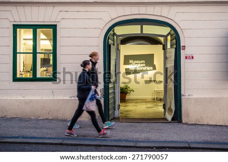 ZAGREB, CROATIA - 12 MARCH 2015: A view of the entrance to the Museum of Broken Relationships with tourists passing by.