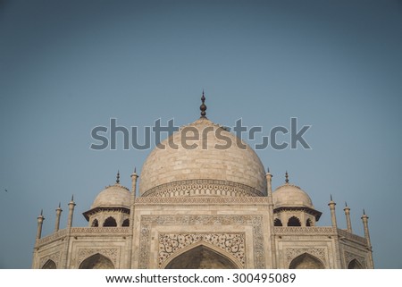 Close up view of Taj Mahal from East side. Roof part. Post-processed with grain, texture and colour effect.