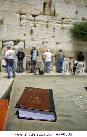 Jewish bible on table, wailing western wall, jerusalem, israel