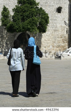 muslim ladies walking in street, bethlehem, west bank, palestine, israel