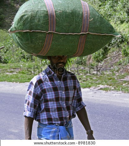 man carrying bag on head, india