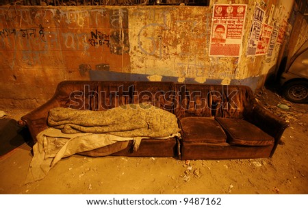 homeless sleeping on couch, delhi, india