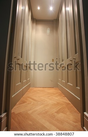 Modern walk-in wardrobe with wooden parquet floor