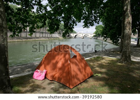 Homeless tent on the bank of the seine in Paris, France