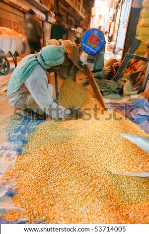DELHI - JAN 19: Man pouring corn from a sack onto the floor on 19 January, 2008 in Delhi, India.  India\'s grain output may drop after the weakest monsoon in more than 3 decades.