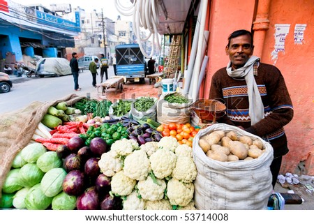 DELHI - JAN 31: Vegetable street vendor with his mobile stand on January 31, 2008 in Delhi, India. Most mobile vendors are illegal and have to either run away from the police or pay them bribes.
