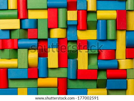 Toys blocks, multicolor wooden bricks, group of colorful building game pieces
