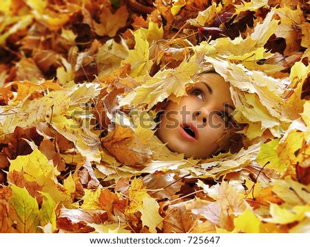 Autumn. Beautiful  woman face in yellow leafs