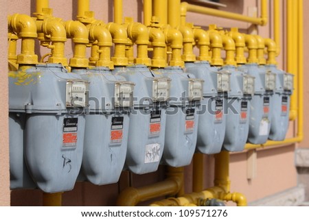 OTTAWA, CANADA - AUGUST 6: Several Enbridge natural gas meters on the side of a retail complex on August 6, 2012 in Ottawa, Ontario. Enbridge is Canadas largest natural gas distribution company.