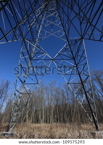 A hydro transmission tower during Spring in Ottawa, Ontario, Canada.