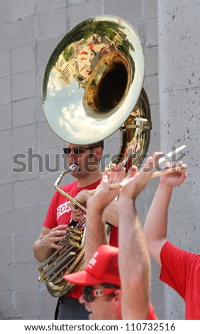 OTTAWA, CANADA - AUGUST 4: Members of the Mash Potato Mashers performing a free outdoor concert during Chamberfests Waterway Soundfaire on August 4, 2012 in downtown Ottawa, Ontario.