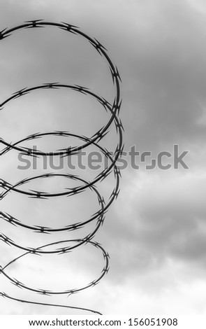 Looped barbed wire along the top of a fence on a cloudy day.