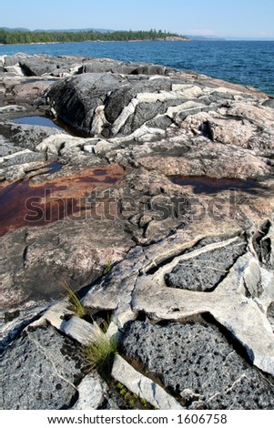 Volcanic rocks and rocky coast of Lake Superior. Lake Superior Provincial Park, Ontario.