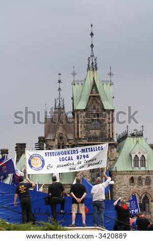 Rally over Canadian job losses. Parliament Hill. Ottawa, Ontario. Canada.