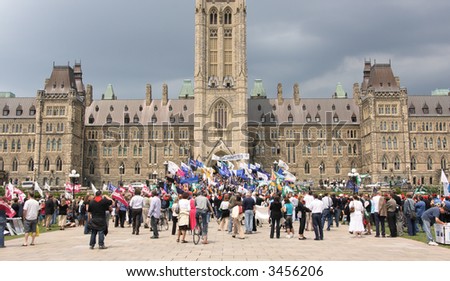 Unions rally against Canadian job losses on Parliament Hill. Ottawa, Ontario. Canada.