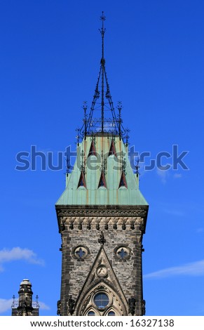 A tower on the East Block of the Parliament Buildings. Ottawa, Ontario, Canada.